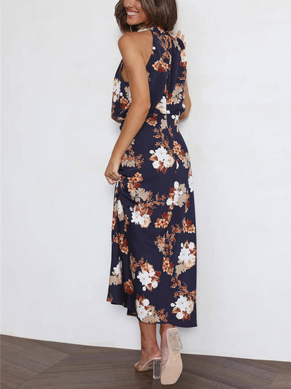 Halter Neck Floral Elastic Waist Maxi Dress