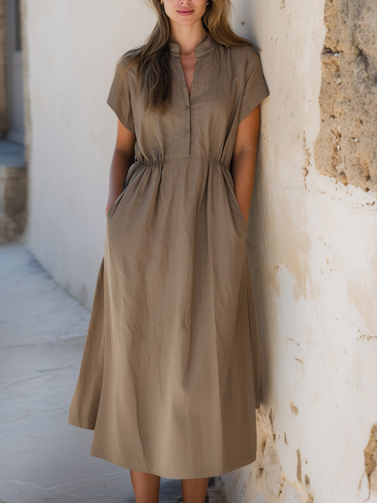 Relaxed Button-Front Short Sleeve Midi Dress