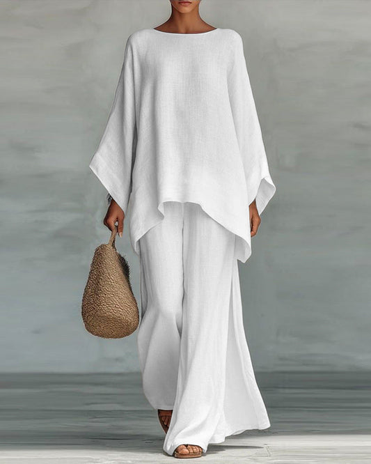 Linen Blend Cape Style Top and Wide Legs Pants Set