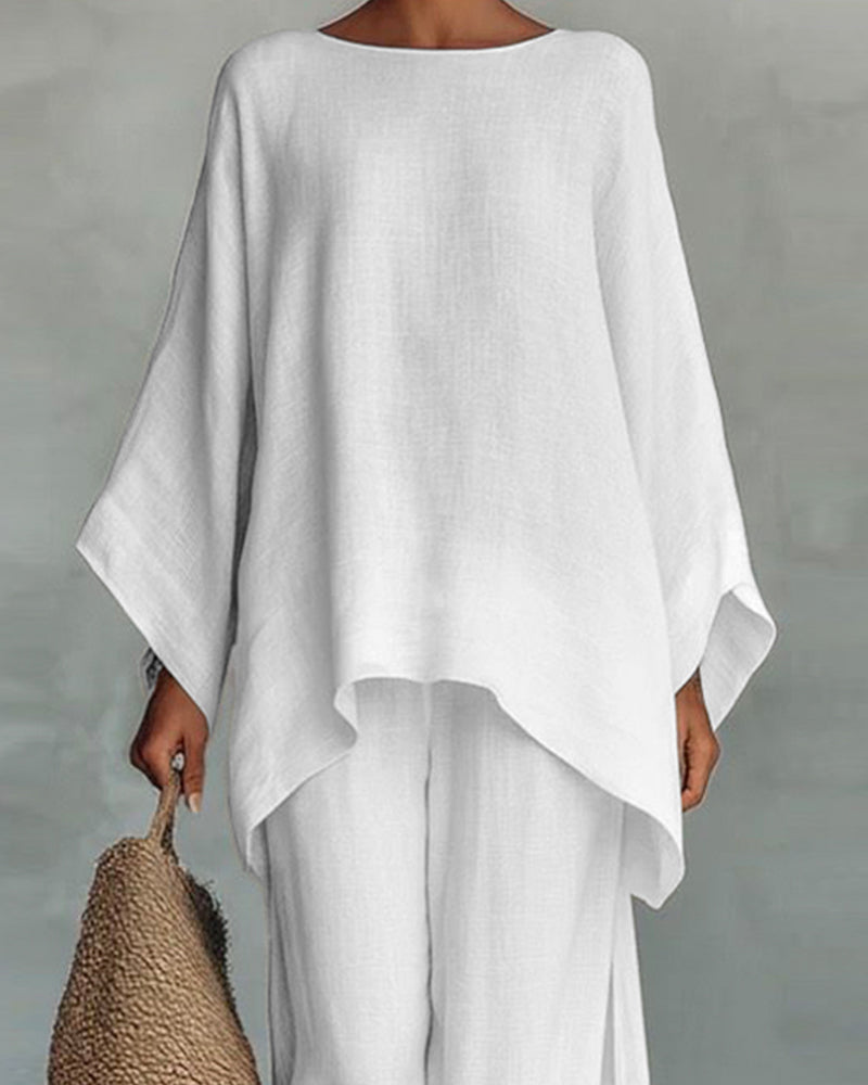 Linen Blend Cape Style Top and Wide Legs Pants Set
