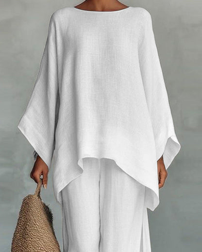 Linen Blend Cape Style Top and Wide Legs Pants Set