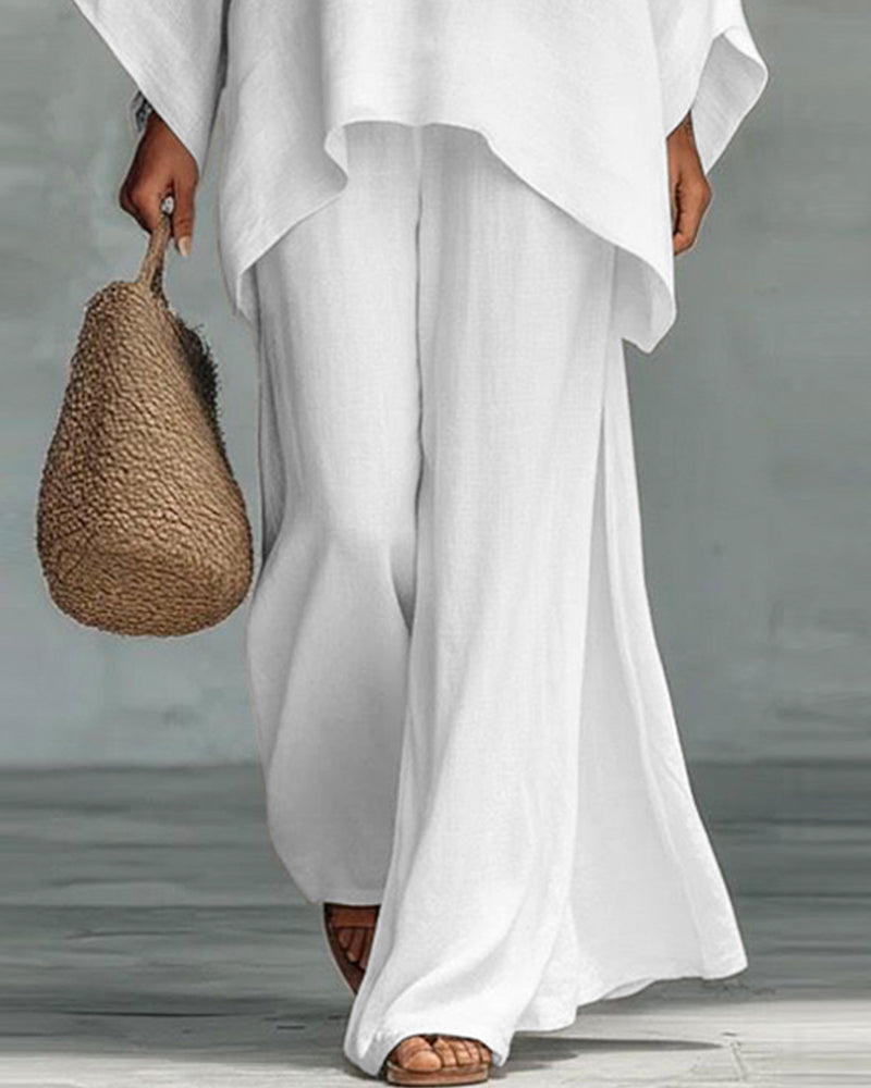 Linen Blend Cape Style Top and Wide Legs Pants Set
