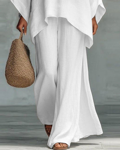 Linen Blend Cape Style Top and Wide Legs Pants Set