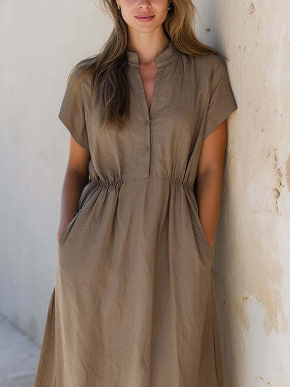 Relaxed Button-Front Short Sleeve Midi Dress